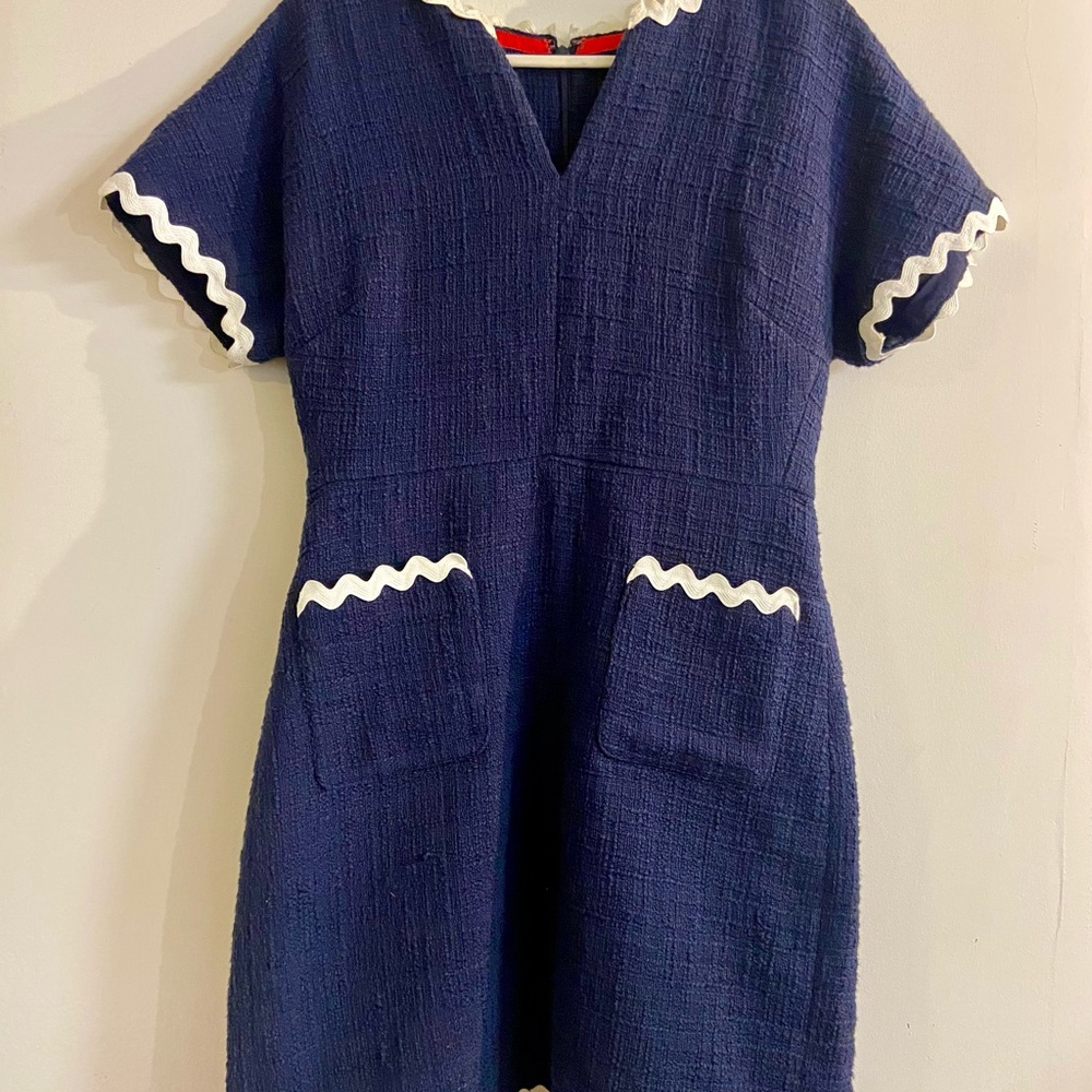 J. Crew Navy and White Tweed A-Line V-Neck Dress